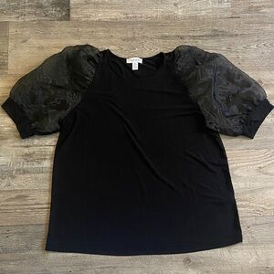 Calvin Klein Crewneck Size Medium Black Sheer Puff Sleeve Blouse